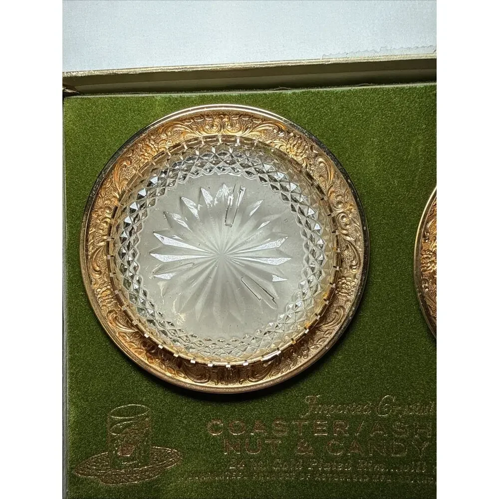 VTG Astorloid 24K Gold Plated Crystal Coasters Ashtrays Nut Dishes 4.5